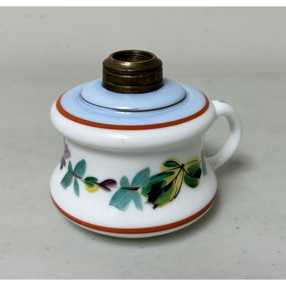 Antique 3" Tall Miniature Floral Painted Milk Glass Oil Lamp Finger hold Glass